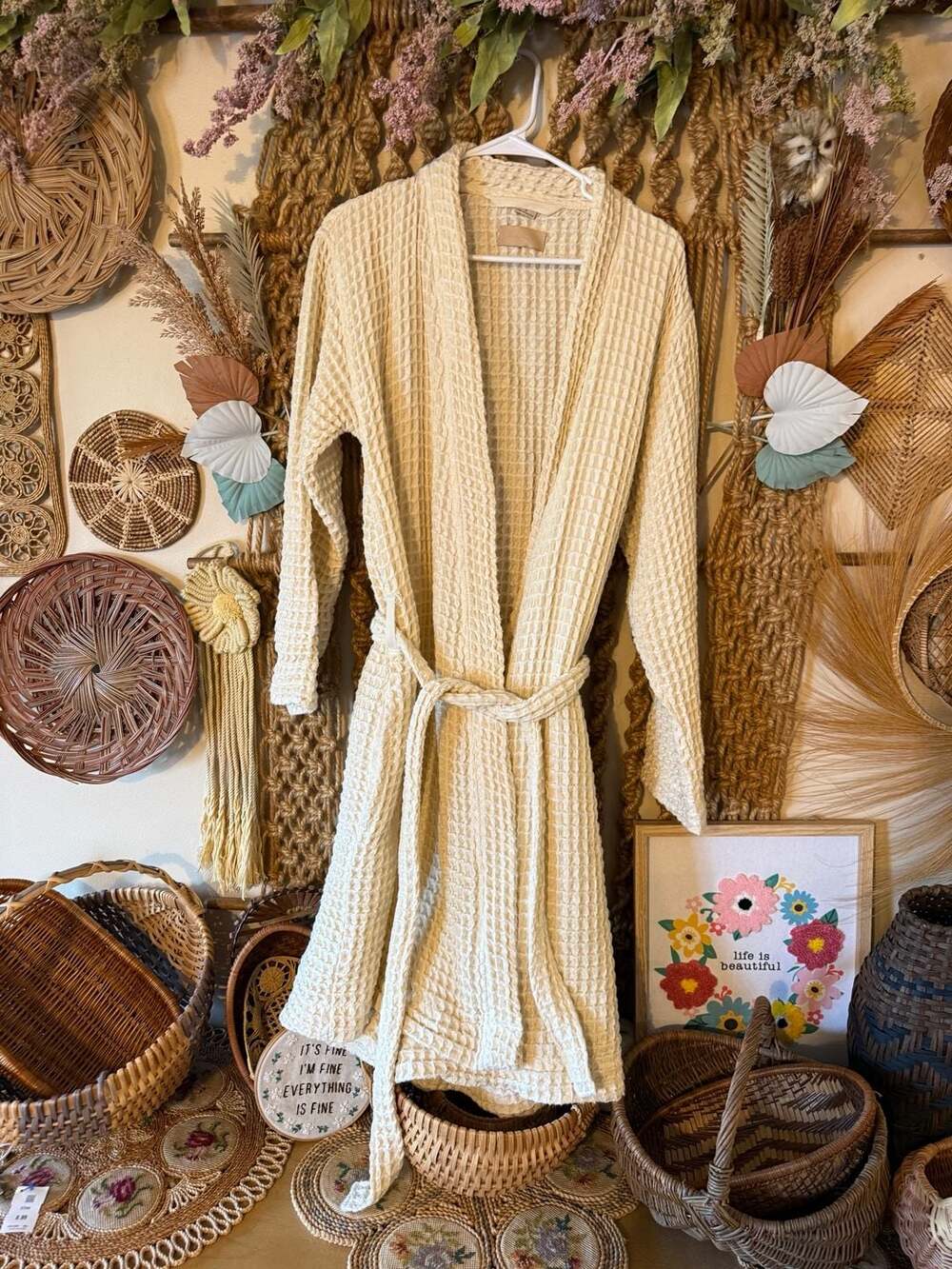Megan Huntz Happy Place Waffle Knit Robe in Cream